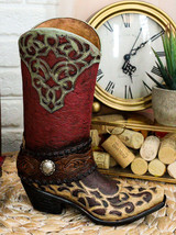 Rustic Western Red Brown Tooled Leather Scroll Lace Patterns Boot Floral Vase - £24.04 GBP