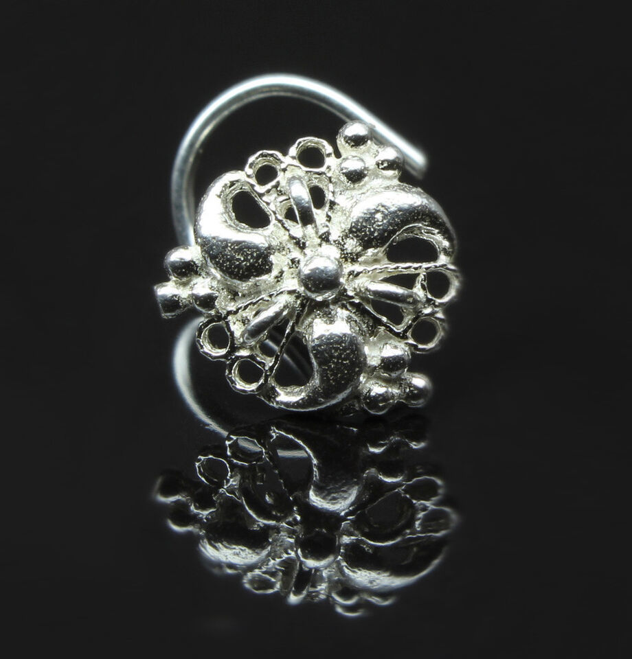 Floral Asian Sterling Silver Nose Stud corkscrew piercing nose ring L Bend 22g