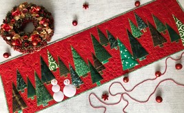 Quilted Christmas trees long table runner, Xmas tree quilted, Snowmen tablecloth - £114.20 GBP