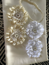 HANDMADE SINGED SATIN FLOWERS, WHITE AND IVORY WITH LACE - $9.90