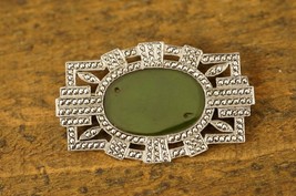 Antique Estate Jewelry Sterling Silver Marcasite Green Gemstone Bar Brooch Pin - £22.90 GBP