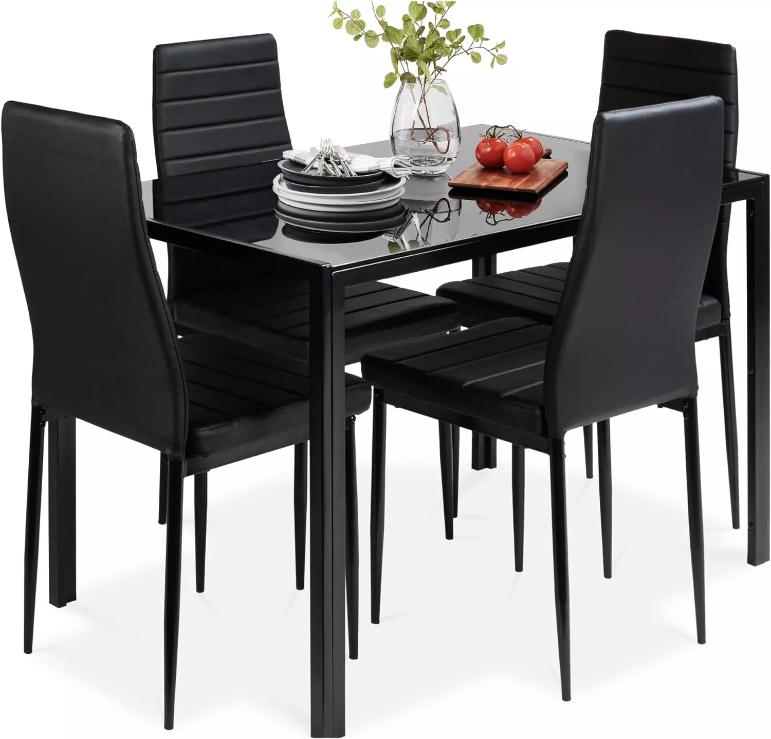 Black 5 Piece Dining Table and Chairs Set: Glass Top Design for 4 - $282.38 CAD