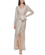 Eliza J Sequin Wrap Front Long Sleeve Jumpsuit Sz 8 Silver - $1,929.91 MXN