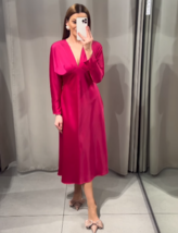 Zara Bnwt 2024. Raspberry Fuchsia Satin Midi Dress V Neck. 2298/067 - £80.02 GBP