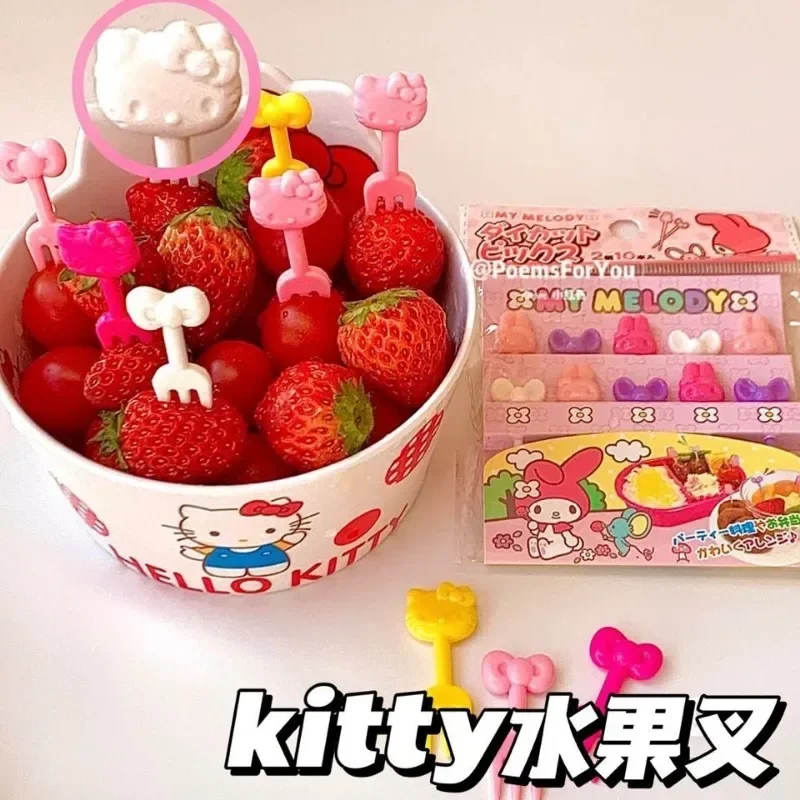 Io hello kitty cartoon fruit fork anime cute girl heart bow knot recyclable fruit stick thumb200
