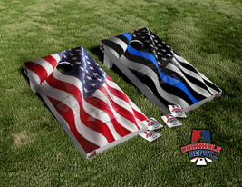 American Flag and Black and White Thin Blue Line Wavy Flag Split Set Cor... - £42.47 GBP