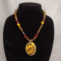 Boho Amber Colored Beaded Necklace With Enamel Pendent 8-9 Drop Adjustable  - $21.77