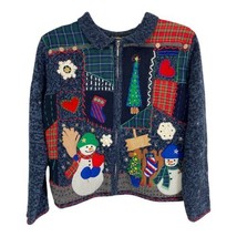 Ugly Christmas Sweater Cardigan Size P/L Hampshire Studio Blue Snowman Trees - £19.40 GBP