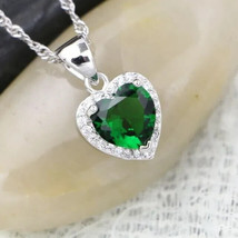 2Ct Heart Cut Simulated Green Emerald Halo Pendant 14K White Gold Plated 18&quot; - £32.25 GBP