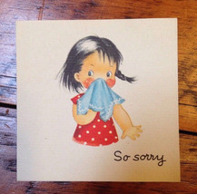 Vintage 40s Brownie Im Sorry Little Girl Hanky handkerchief Blank Greeting Card - £30.05 GBP