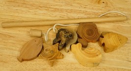 Folk Art Fishing Toy Set Wood Blocks Lot Fish &amp; Pole Magnet Attachments - £15.58 GBP