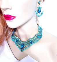 Crystal Necklace Earring Set, Aqua Rhinestone Choker, Prom Pageant Jewelry, Neck - £46.60 GBP