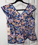 Nanette Lepore Floral Ruffle Sleeve Blouse Top Blue Size M NEW - $77.22