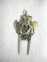 Sabretooth Tiger Skull &amp; Fang Teeth Jaw Cast Pewter Pendant Adj Cord Necklace - £7.29 GBP