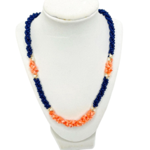 Vtg beaded Necklace Navy Blue Coral Faux Pearl Gold Tone Braided Beachy 20&quot; - £13.51 GBP