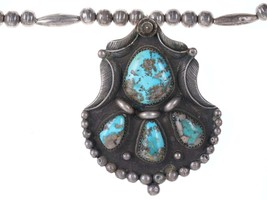 Large Vintage Navajo silver and turquoise pendant on beaded necklace - £383.81 GBP