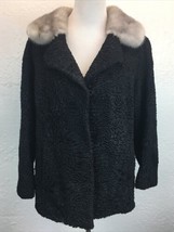 BC Vtg Keim Furs Women Sz L Mink Collar Black Persian Curly Lamb Fur Jacket - £45.28 GBP