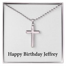 Happy Birthday Jeffrey - Stainless Steel Ball Chain Cross Necklace Personalized  - £47.92 GBP