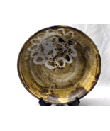 Vintage HAND THROWN Glazed Painted Clay Brown Pottery 12&quot; Shallow Bowl Dish - $24.18
