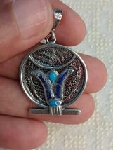 925 Sterling Silver Lotus Flower Necklace with Lapis Lazuli and Antique ... - $180.00