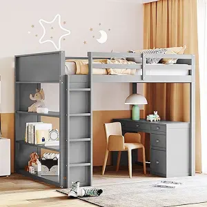 Full Size Loft Bed With Desk,4 Drawers And 3 Shelves,Solid Wood Loftbed ... - £739.65 GBP
