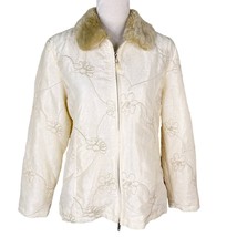 Coldwater Creek Quilted Embroidered Jacket Cream Small Faux Fur Collar - £27.42 GBP