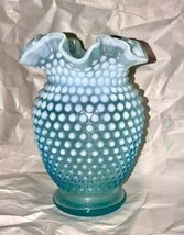 Vintage 8” Fenton Opalescent Blue Glass Hobnail Ruffle Rim Vase - $34.64