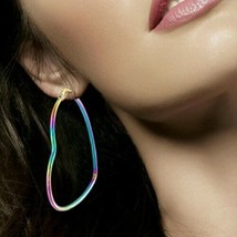 Colorful Leaning Heart Shaped Hollow Hoop Style Fashion 2.2 Inches Hoop Earrings - £16.59 GBP