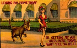 Vintage Linen Comic POSTCARD-&quot;LEAVING My Home Today...&quot; Woman With Donkey BKC2 - £3.31 GBP