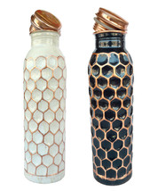 Copper Water Bottle Black,White Diamond Cut Shape Joint Less Capacity 950 ml - £60.94 GBP