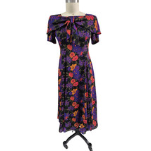 Vtg 80s Retro Liz Claiborne Dress 100% Polyester Floral Black/Purple/Ora... - $64.15