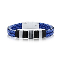 Stainless Steel Double Strand Genuine Leather Bracelet - Blue - £56.19 GBP