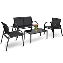 4 PCS Patio Furniture Set Sofa Coffee Table Steel Frame Garden Deck Black New - £208.82 GBP