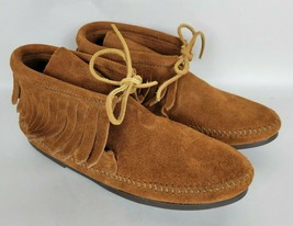 Minnetonka Women&#39;s Classic Fringe Leather Hardsole Moccasin Ankle Boots 682 7 - £25.29 GBP