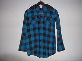 Black &amp; Blue Buffalo Check Plaid Flannel Button Down Shirt Hoodie xs Bel... - £7.88 GBP