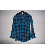 Black &amp; Blue Buffalo Check Plaid Flannel Button Down Shirt Hoodie xs Bel... - £7.82 GBP