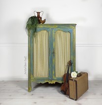 Vintage Maple Farmhouse Coastal Blue Yellow Shabby Chic Wardrobe Dresser Armoire - £1,139.08 GBP