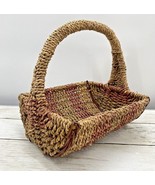 Vintage Natural &amp; Red Bamboo Wicker Rattan Decorative Storage Basket W/H... - £14.45 GBP