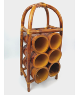 1960s Mid Century Burnt Bamboo Rattan Wine Rack Stand 6 Bottle Tiki Boho... - £117.23 GBP