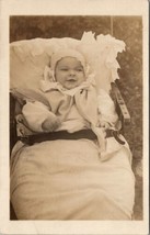 RPPC Cutest Little Baby Darling Smile Knit Bonnet Belted Stroller Postcard Z19 - £7.95 GBP