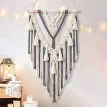 Macrame Woven Wall Hanging Boho Geometric Woven Tapestry Beige &amp; Grey Cotton Han - £26.21 GBP