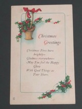 Holly Basket w/ Ribbon Christmas Greetings Holiday JPNY Vtg Postcard 1925  - £2.99 GBP