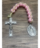 Vintage St Hugh Pray For Us Inri Crucifix Hand Beaded Pink Beads Rosary KG - $13.56 CAD