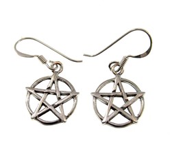 Solid 925 Sterling Silver Pagan Pentacle Pentagram Drop Dangle Hook Earrings - £11.81 GBP
