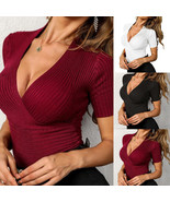 Womens Sexy Deep V Neck Knit T-Shirt Slim Fit Tops Summer Blouse Short S... - £11.78 GBP