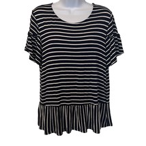 Pleione EUC Navy White Stripe Ruffle Sleeve Peplum Knit Top Sz M - $9.49