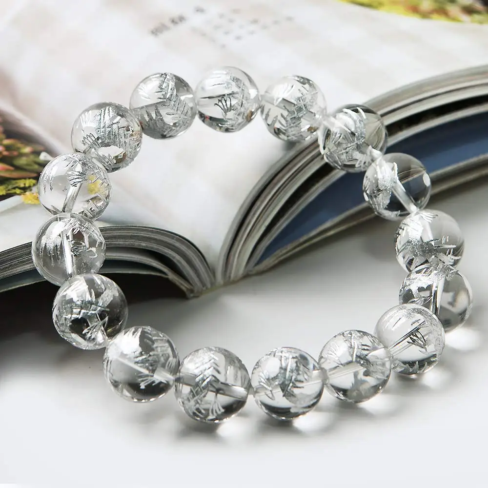 Natural White Quartz Silver Dragon Bracelet 12mm Gemstone Clear Round Beads Rare - £45.75 GBP