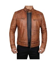 Men&#39;s Distressed Brown Cafe Racer Motorcycle Leather Jacket - £88.64 GBP
