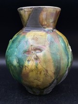 Lewis Raku Pottery Vase Large 8” Green Earth Tones Stars - £35.60 GBP
