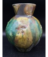 Lewis Raku Pottery Vase Large 8” Green Earth Tones Stars - £31.06 GBP